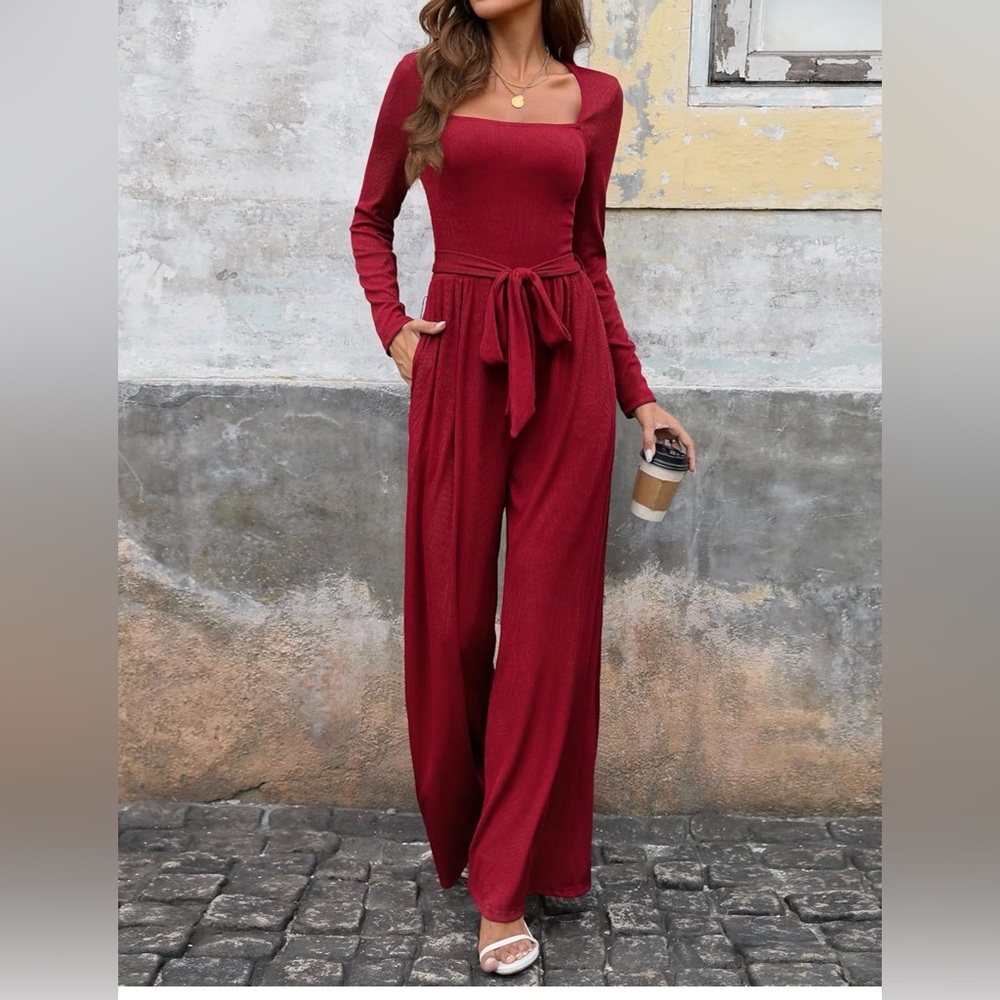 Long Sleeve Square Neck Wide-Leg Jumpsuit - Burgundy L NWT